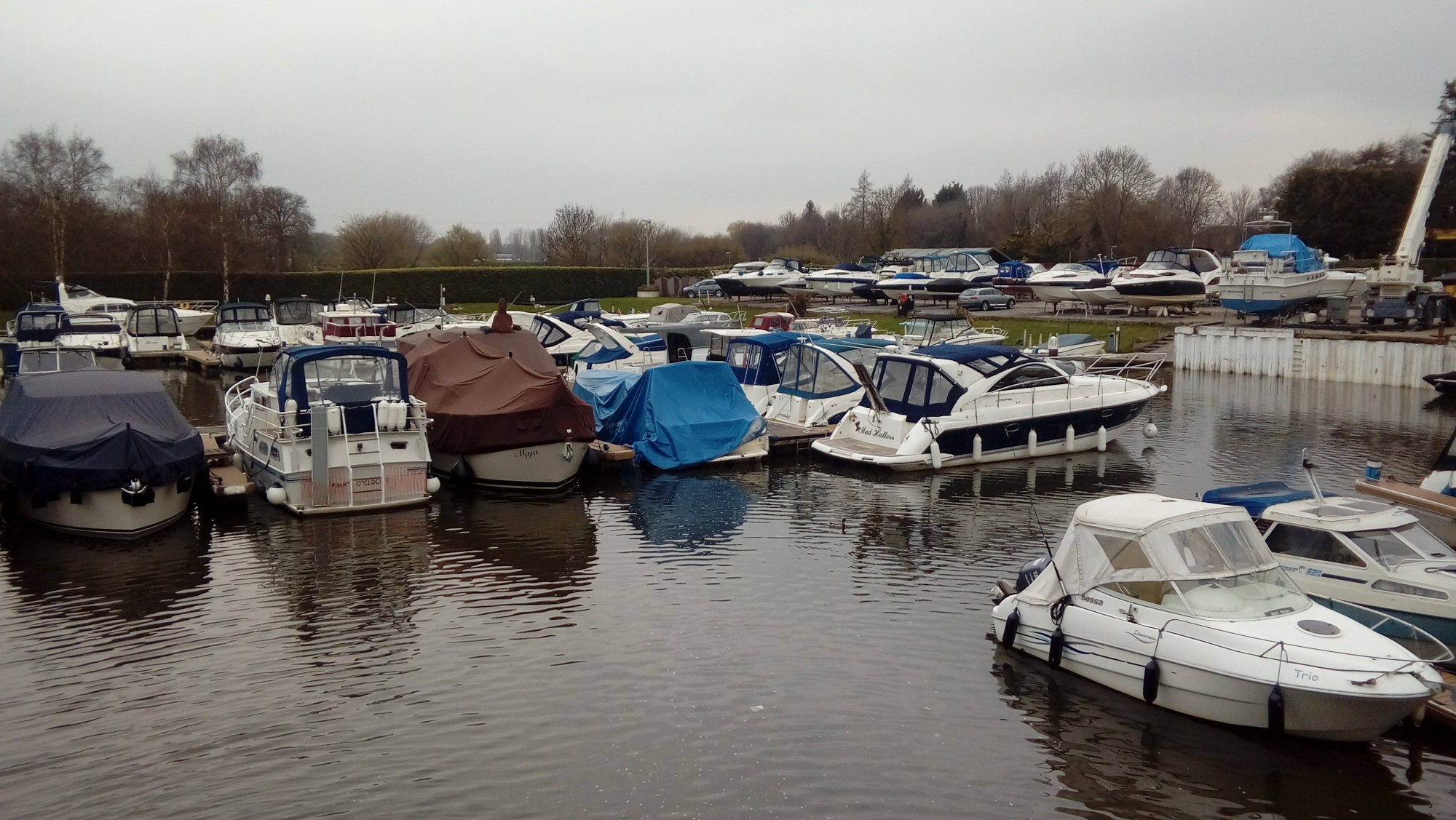 Boats moored within a marina during colder weather on a cloudy day.