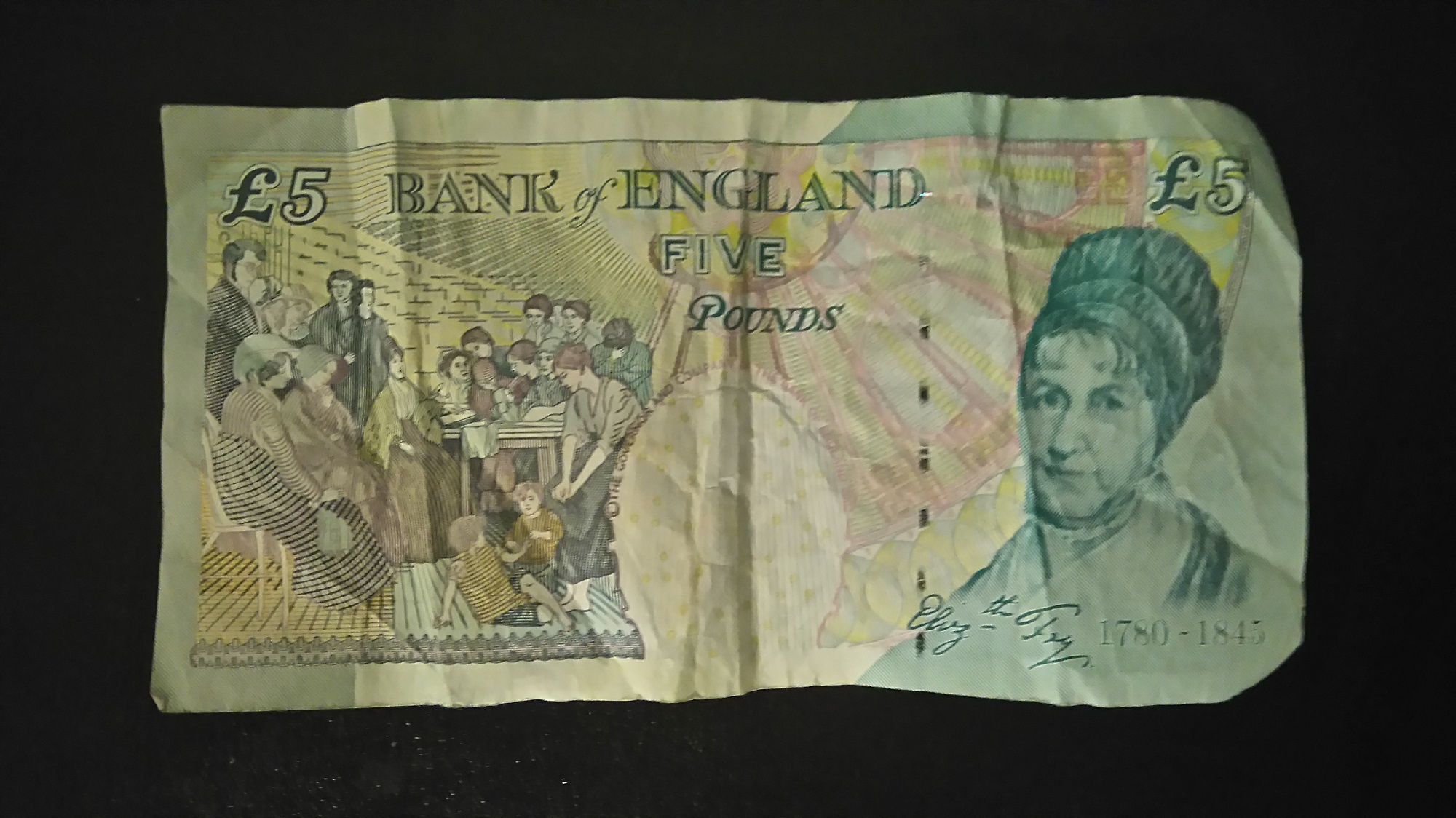 Old five pound note back page currency