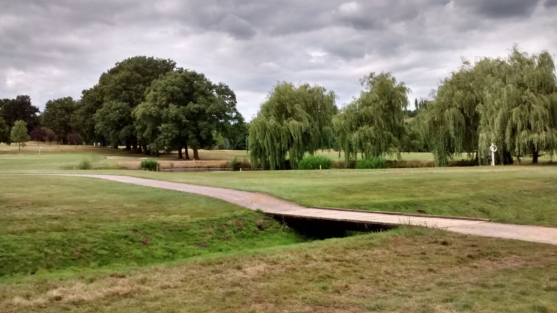 Willows and other trees on the edge of a golf course on a cloudy summer afternoon. Closely cropped grass is present in the foreground, dissected by a path which crosses a small footbridge.