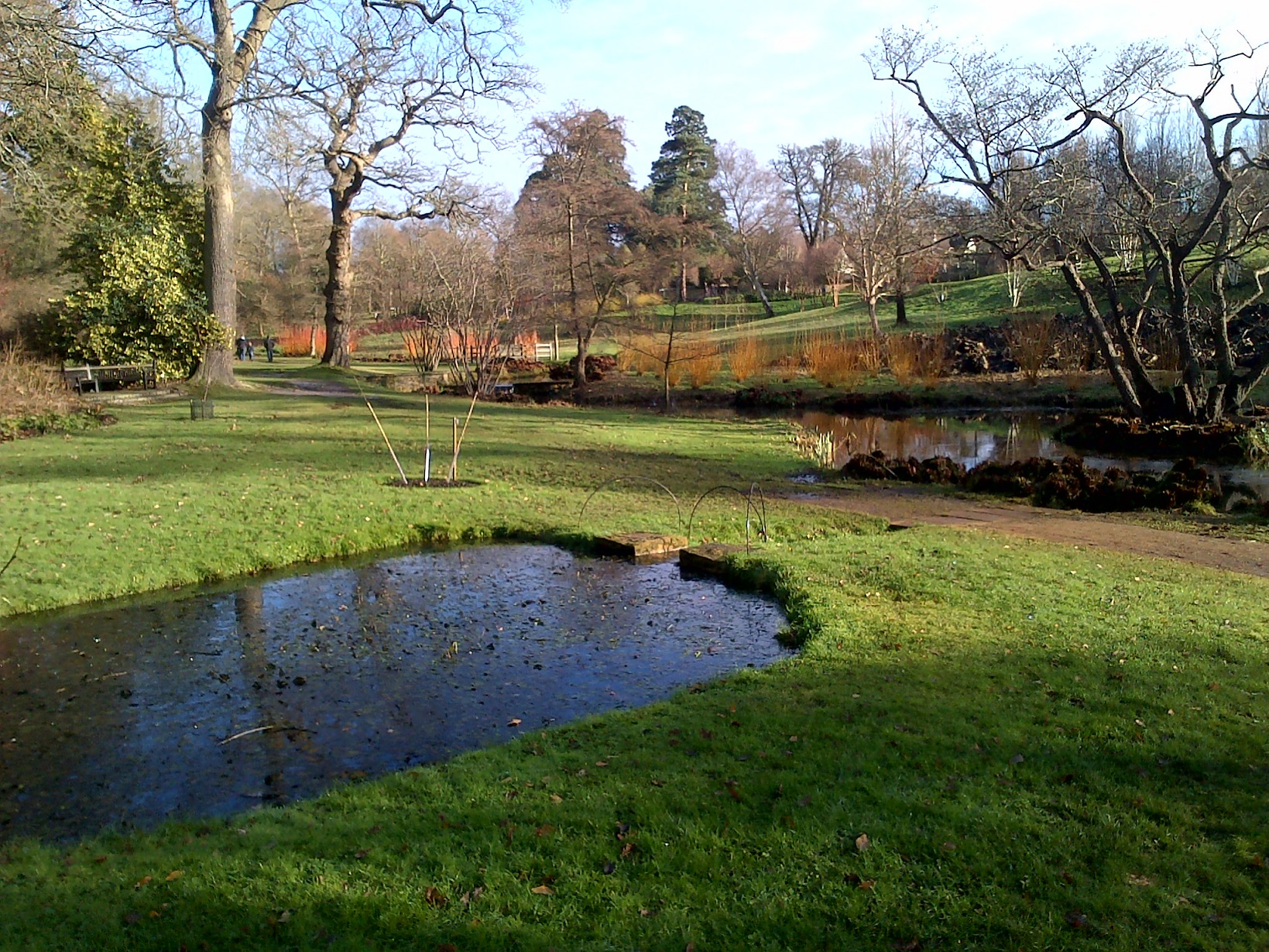 Ornate ponds and gardens in winter sunshine