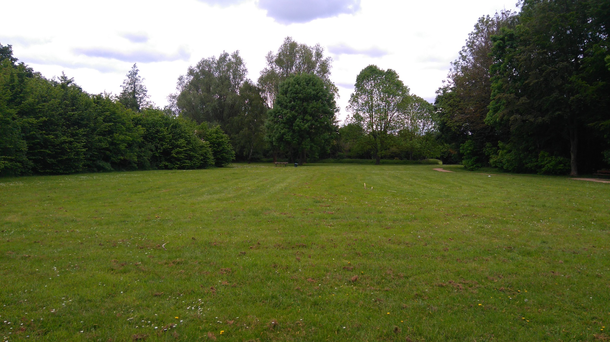 A park on a dry cloudy summer day. A long expanse of grass with trees to the right, left and in the background. A path is visible to the right. Thorpe, Surrey.