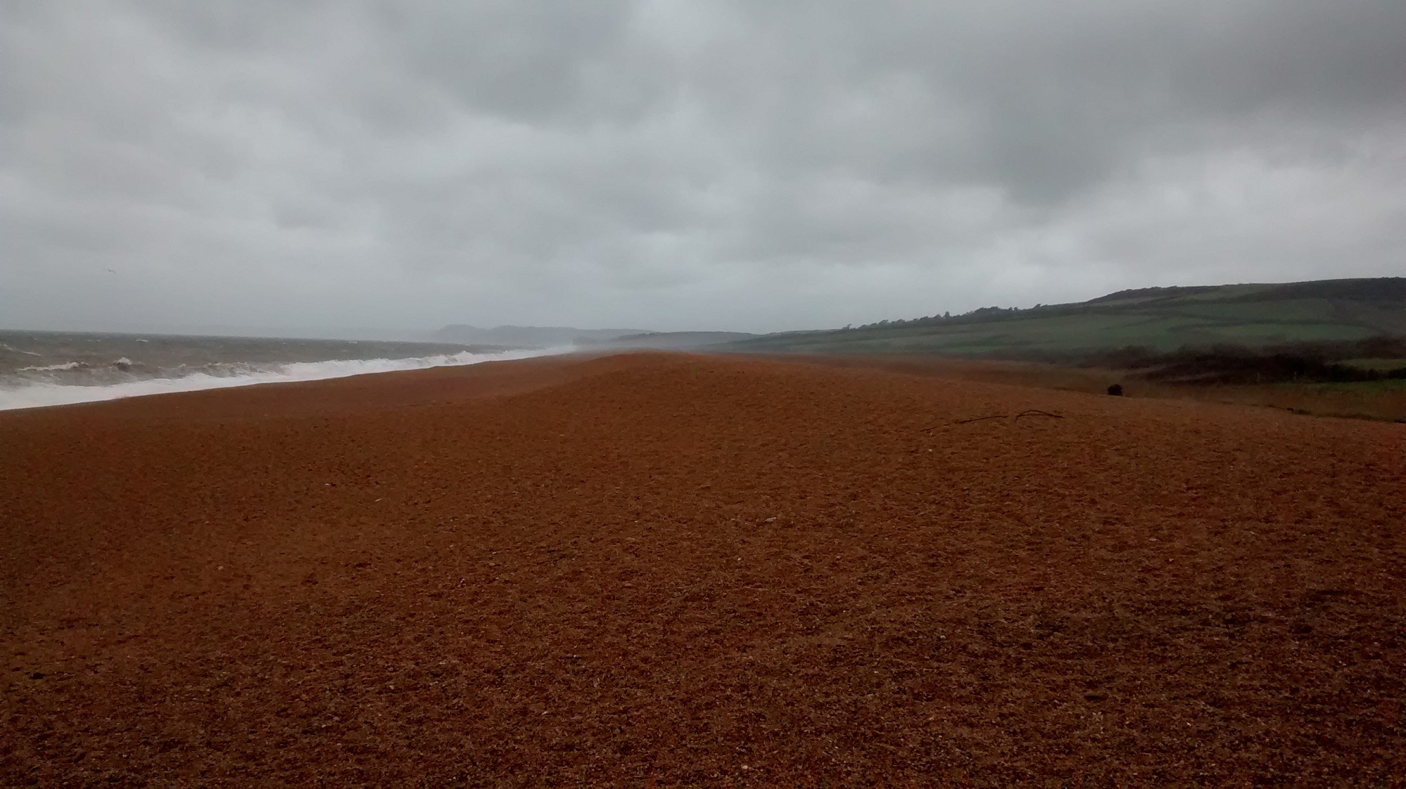 A shingle beach under a cloudy sky in a rural setting. Fields and hills to the right, and sea to the left.