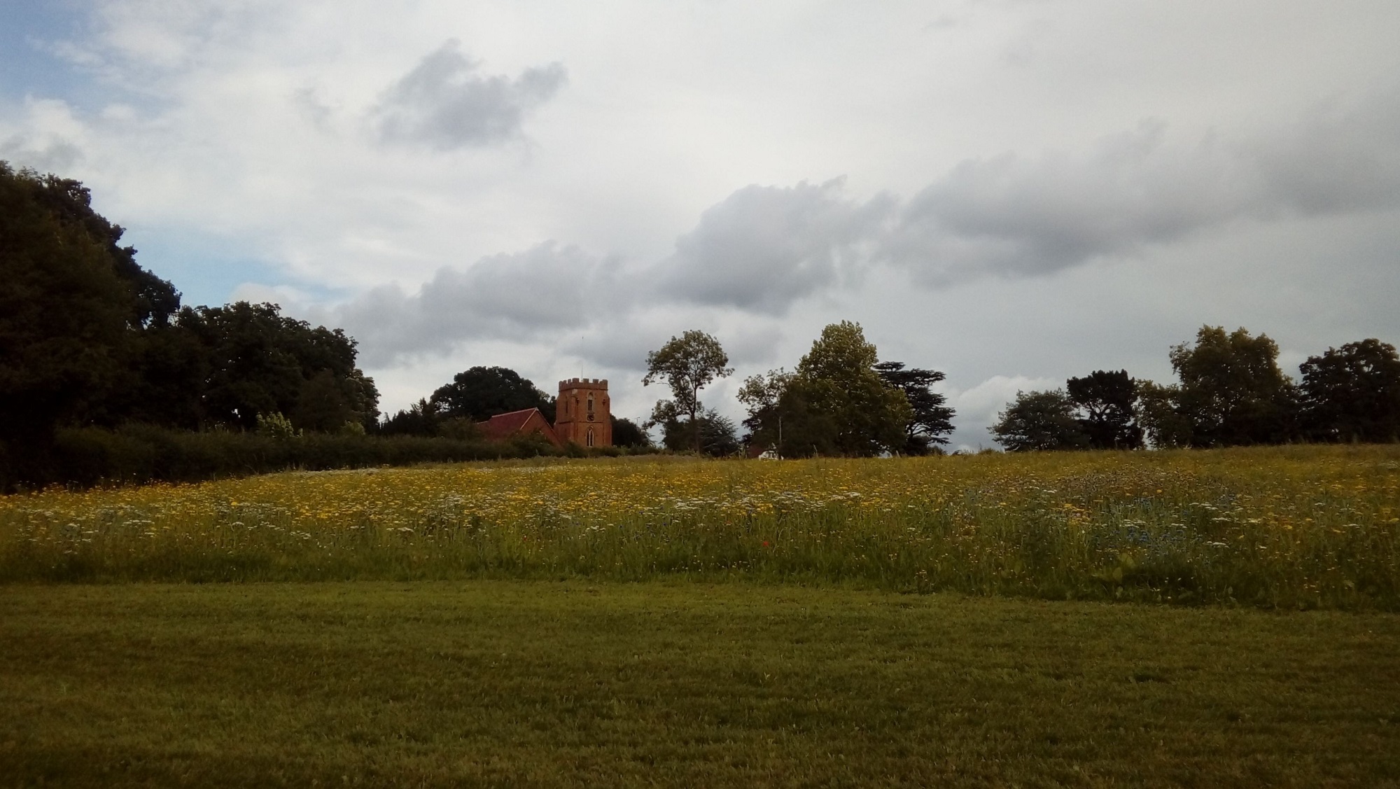 A distant church viewed across a flower filled meadow on a cloudy summer day.