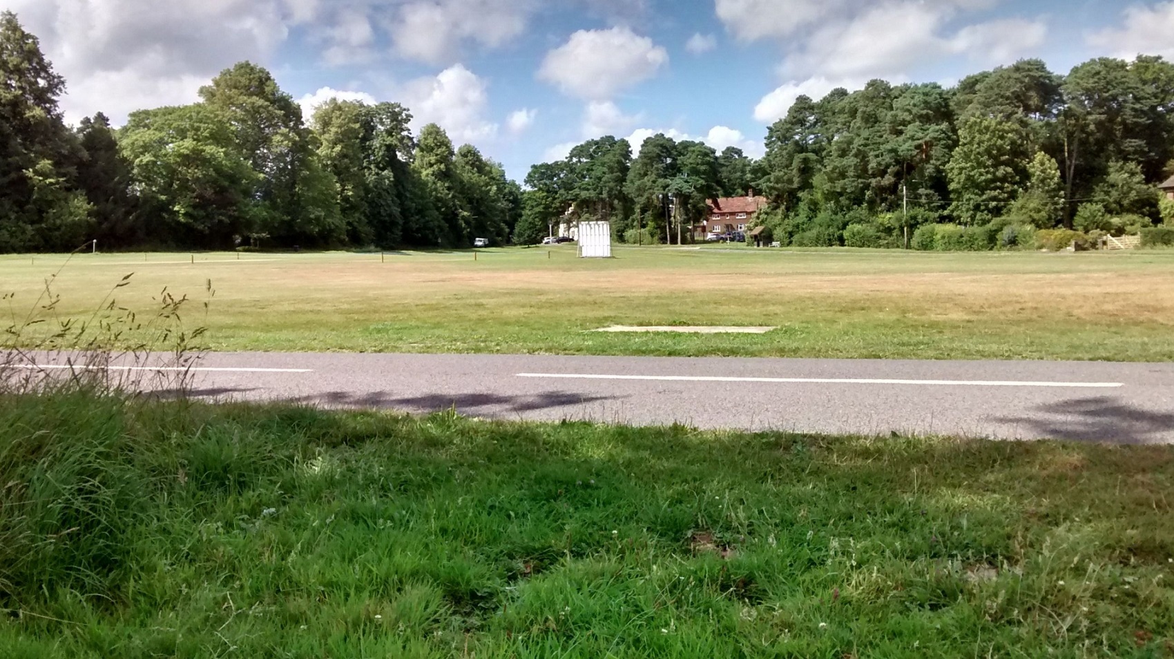Village green in Sussex on a sunny summer day, with a road in the foreground and a cricket pitch in the background.
