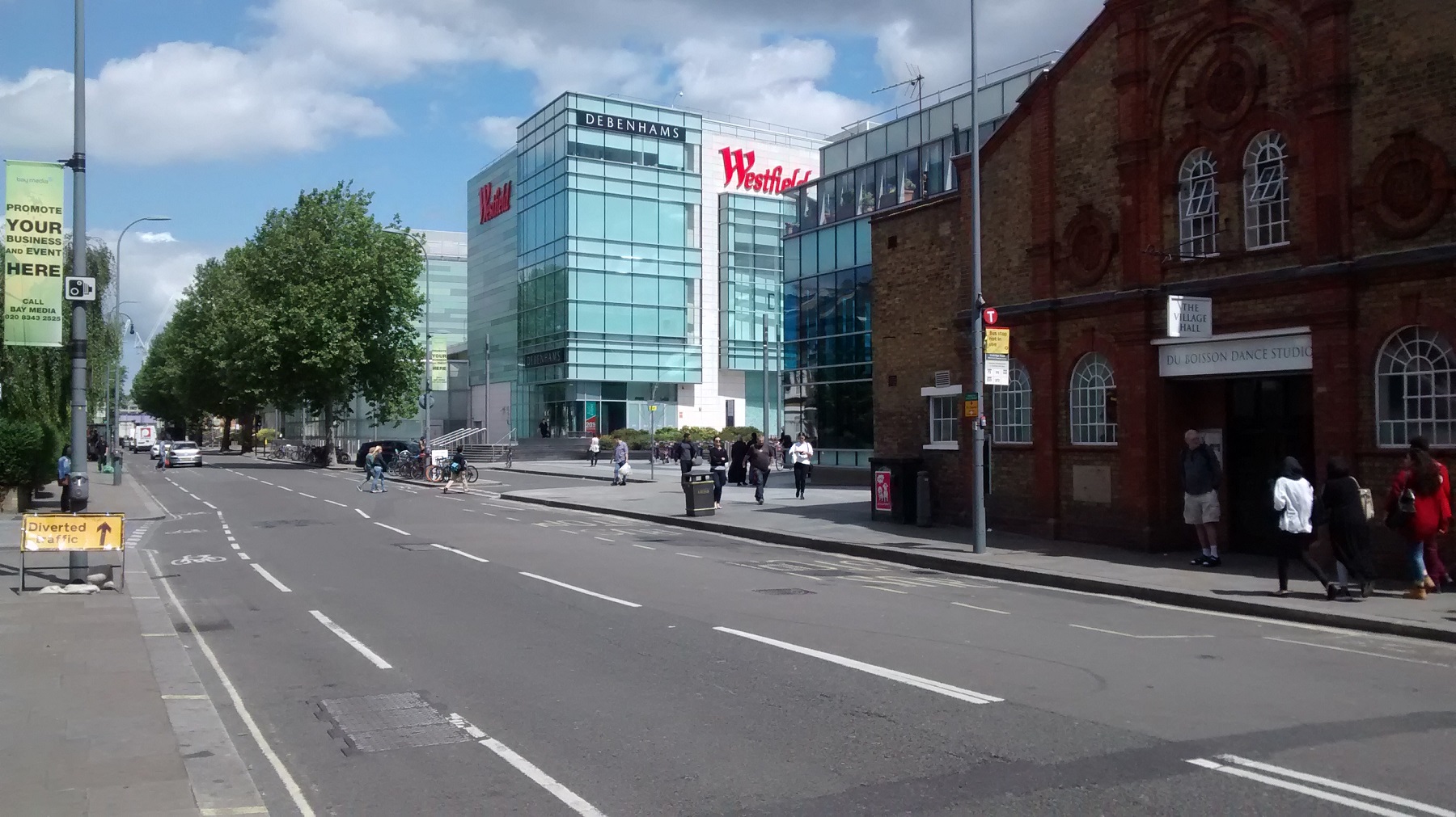 The edge of Westfield Shopping centre in Wood Lane London viewed on a sunny summer day.